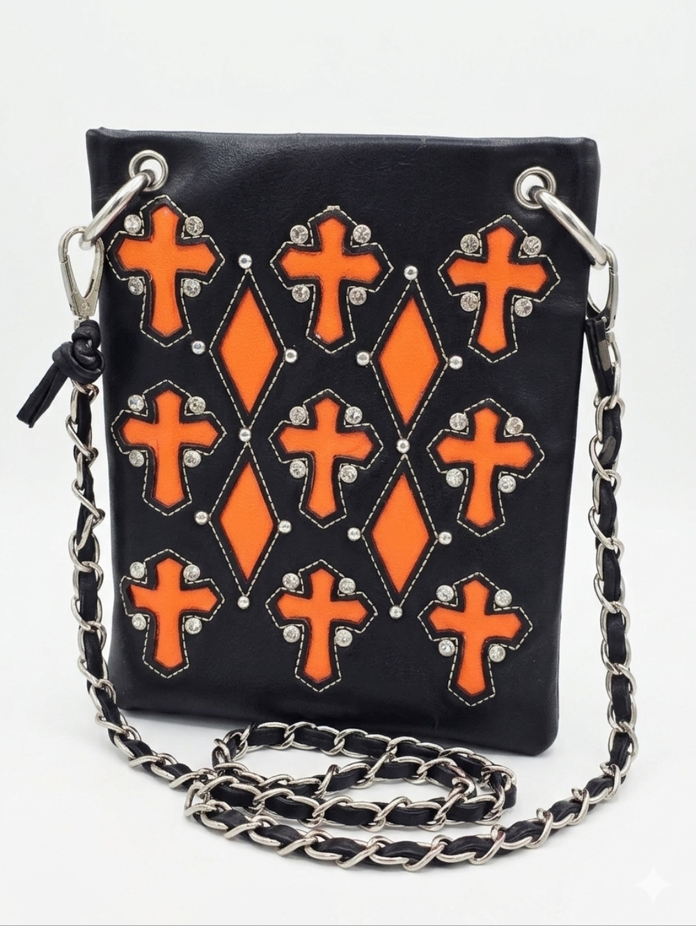 Gothic Black Cross Accent Crossbody Bag with Red Inlay